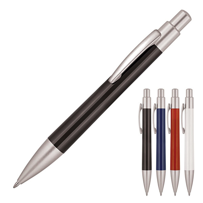 A ballpoint pen in black with a silver clip, alongside pens in red, blue, and white. Features a logo.
