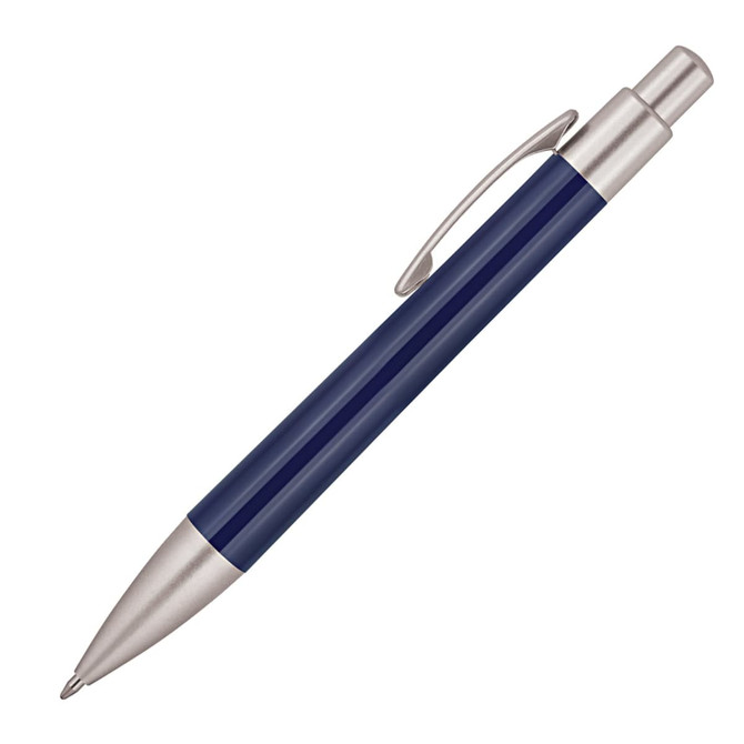 A ballpoint pen in navy blue with a silver clip and tip, featuring a sleek, modern design.