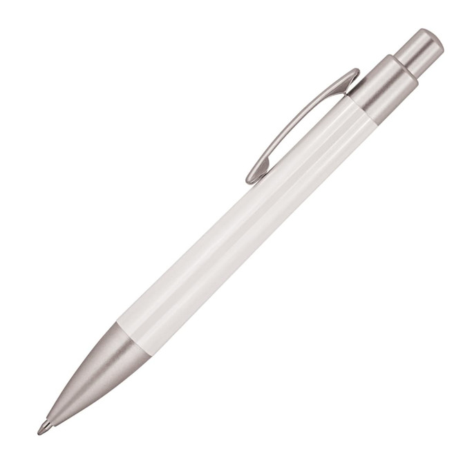 A plastic ballpoint pen in white with a silver clip and tip, featuring a logo on its surface.