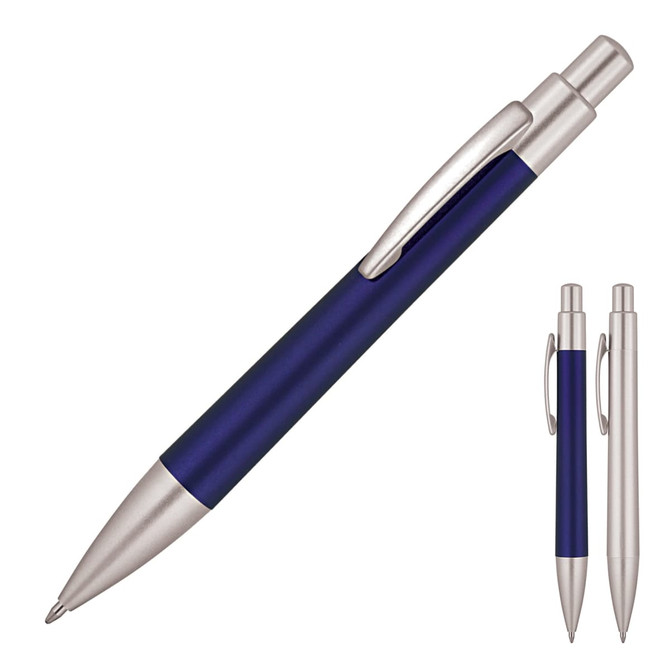 A ballpoint pen with a metallic frost blue barrel and silver accents, featuring a clip and a sleek design.