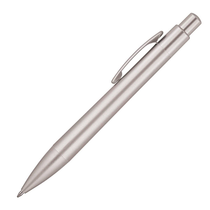 A metallic frost ballpoint pen in silver with a sleek design. It features a clip and a smooth writing tip.