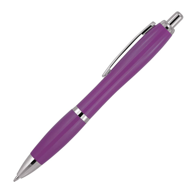 A ballpoint pen in solid purple with a shiny silver clip and trim, featuring a sleek, smooth design.