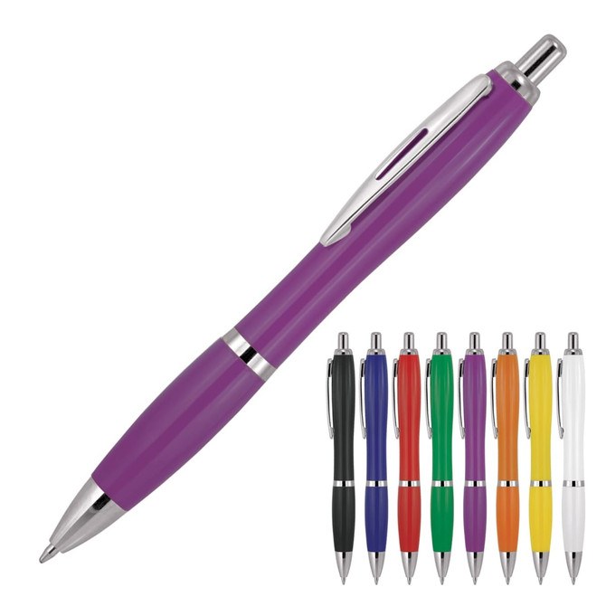 A ballpoint pen in purple with a chrome clip, alongside pens in various solid colours including black, blue, green, orange, and white.