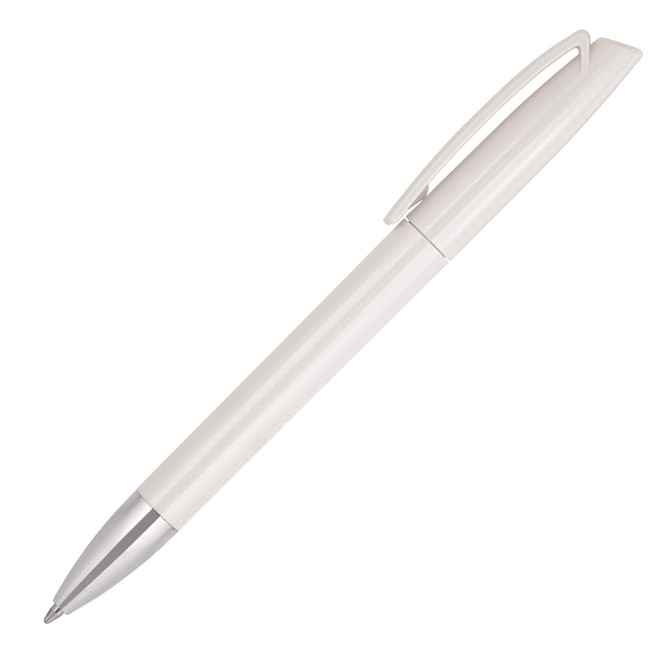 A ballpoint pen in white with a silver tip and clip, featuring a smooth, sleek design.
