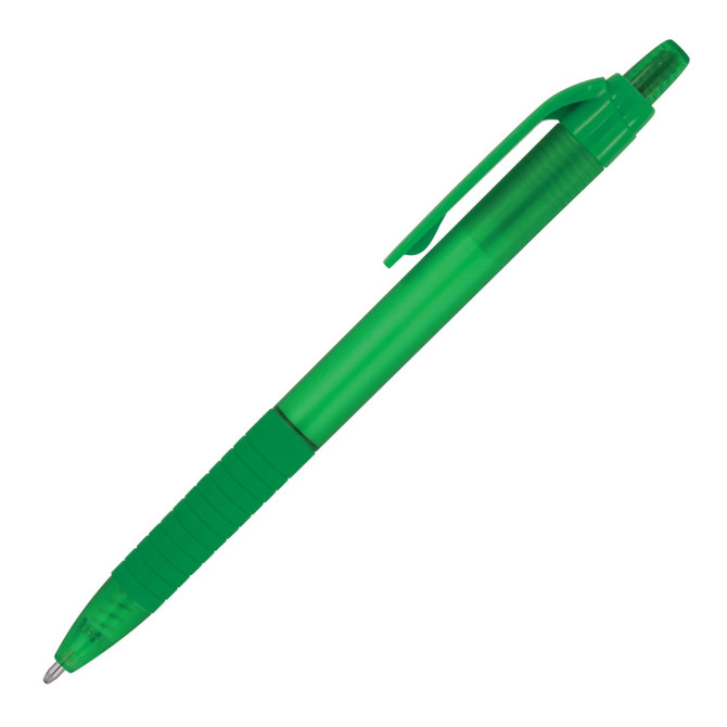 A green ballpoint pen with a textured grip and a clip, featuring a logo on the side.