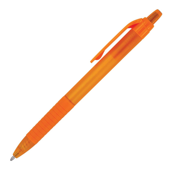 A ballpoint pen in vibrant orange with a frosted barrel and a clip. The pen features textured grip for comfort.