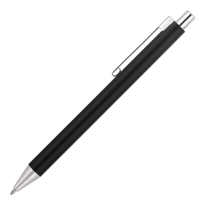 A black ballpoint pen with a silver clip and tip, featuring a sleek, minimalistic design.