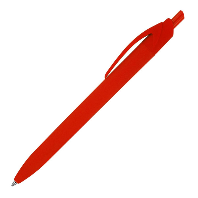 A red ballpoint pen with a matte rubber finish and a clip, featuring a branding logo.