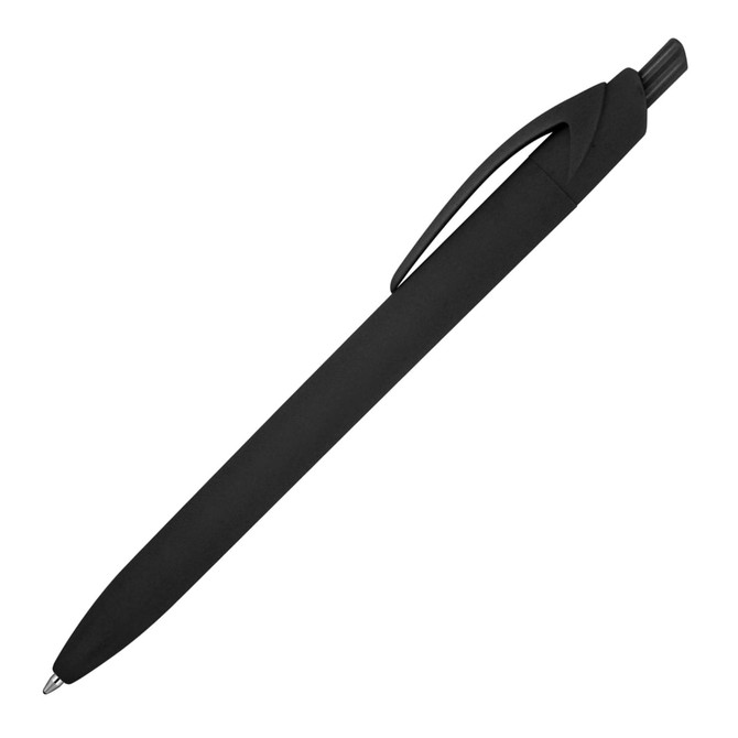 A matte black ballpoint pen with a rubberised grip and a clip, featuring a simple design.