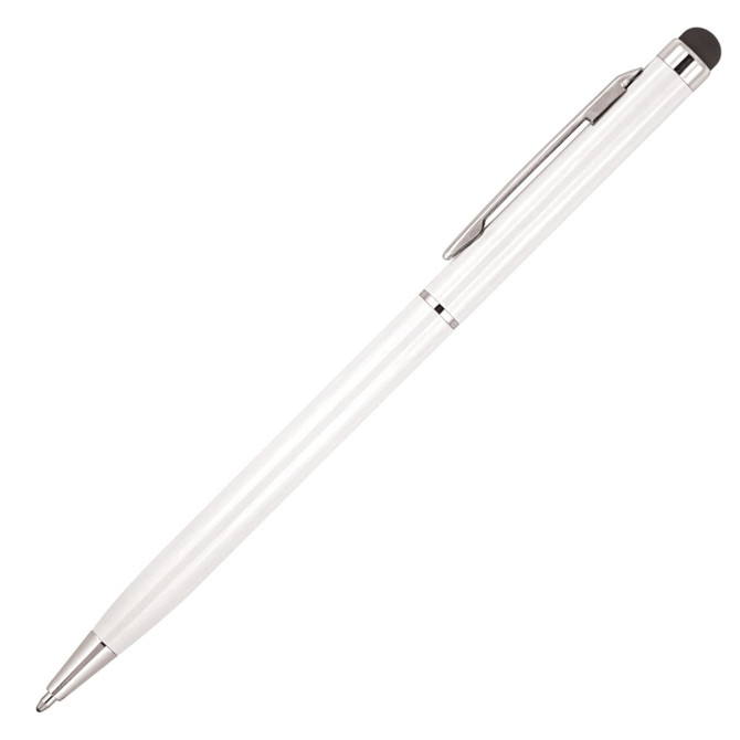 A metal ballpoint pen in white with silver accents and a stylus tip. It features a sleek design and a clip.