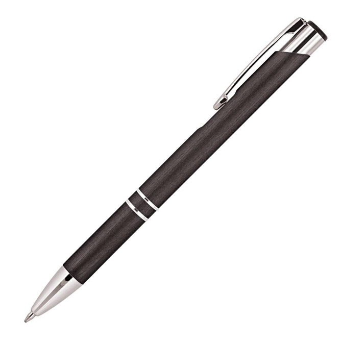A metal ballpoint pen in brushed black with silver accents and a logo.