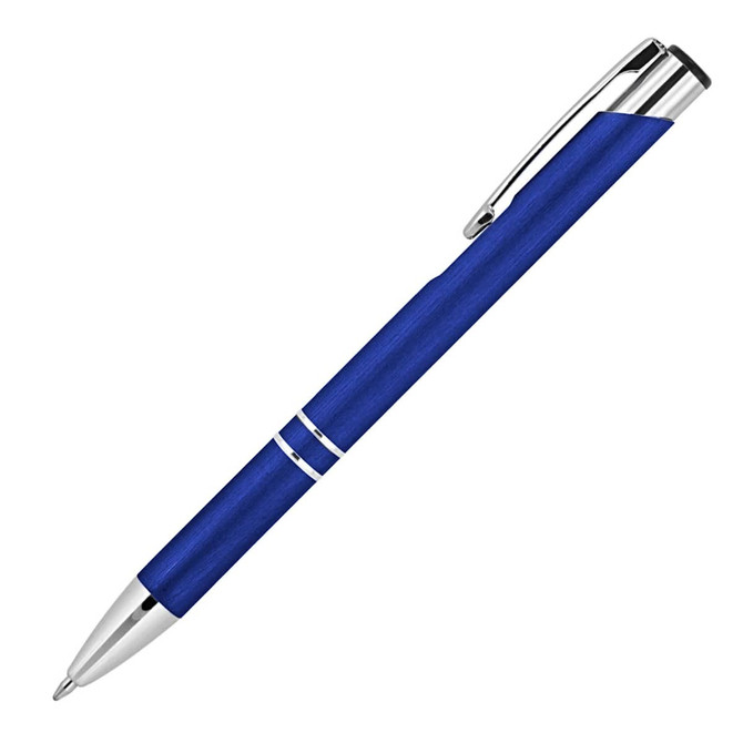 A metal ballpoint pen in brushed blue with silver accents and a chrome clip. Features a branding logo.