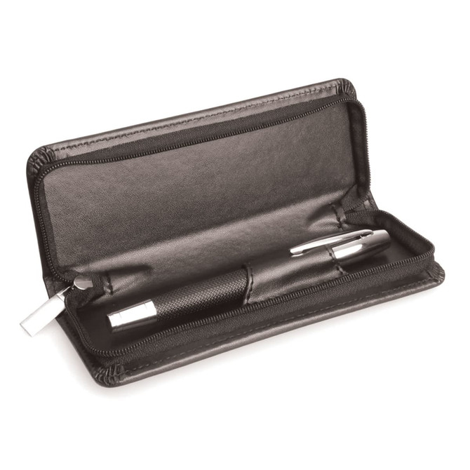 A black PU pen case with a zip closure, featuring a pen inside and a logo on the exterior.
