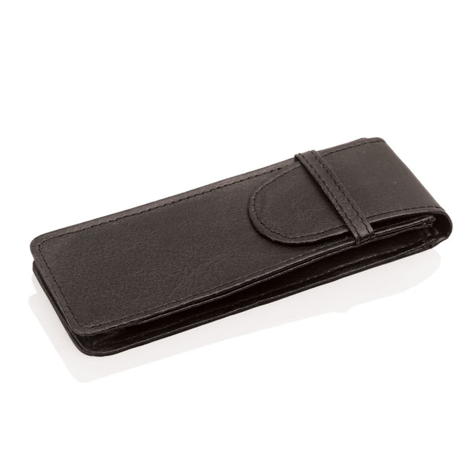 A black PU pen pouch featuring a flap closure and a logo, designed for storing pens and other small items.