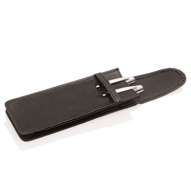 A sleek black pen pouch made of PU leather, featuring two silver pens inside and a slim, closed design.