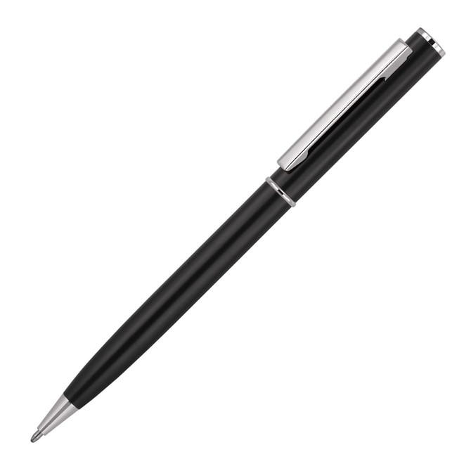 A black metal ballpoint pen with a silver clip and detailing, featuring a logo on its body.