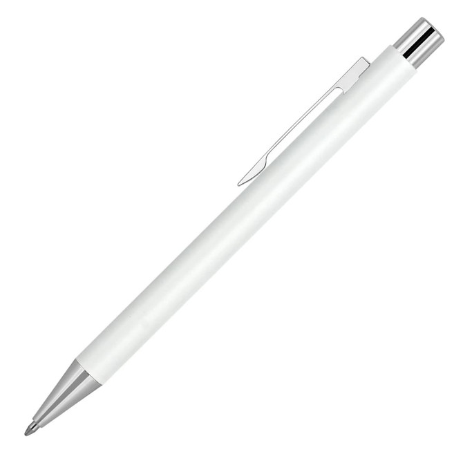 A matte white ballpoint executive pen with chrome accents and a clip for easy attachment.