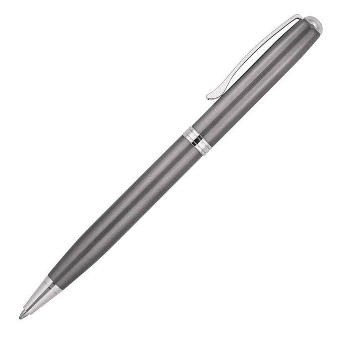 A grey metal ballpoint pen with a sleek design and a silver clip, featuring a branding logo.