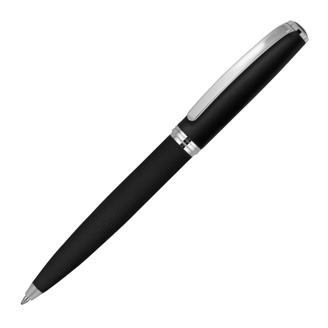 A metal ballpoint pen in matte black with a rubber grip and a shiny silver clip, featuring a logo.