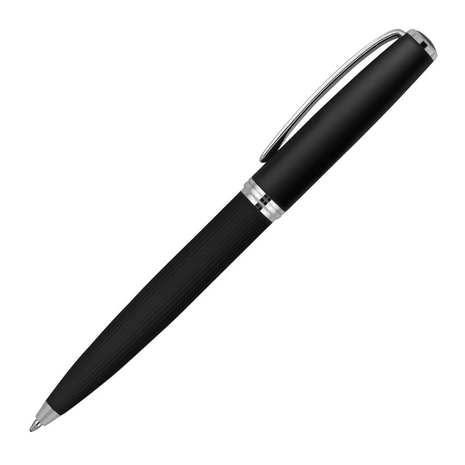 A metal ballpoint pen in matte black with a rubber grip and chrome accents, featuring a clip and branding.