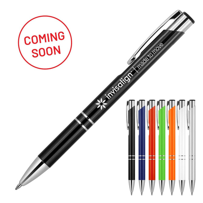 A metal ballpoint executive pen in black with a silver clip, featuring various colourful options behind it.