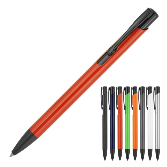 A metal ballpoint pen in orange with black trim, displayed alongside pens in multiple colours, including black, blue, green, and white.