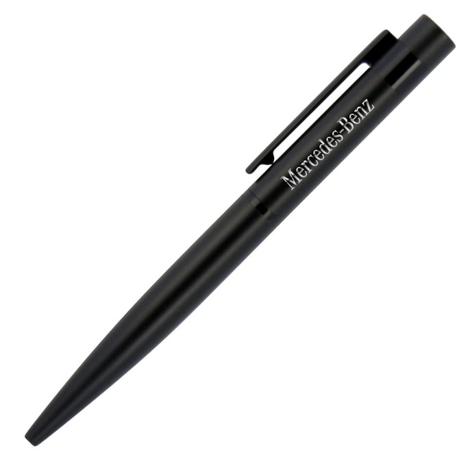 A black metal ballpoint pen with a sleek design and a clip. It features a branding logo.