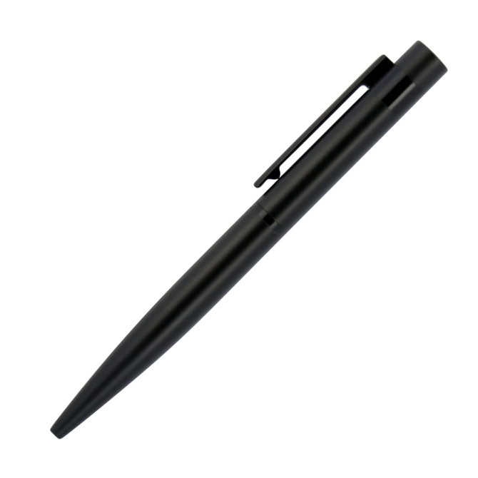 A black metal ballpoint pen with a sleek design and clip, featuring a logo on the barrel.