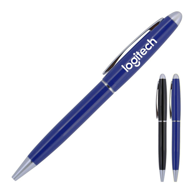 A blue and silver ballpoint pen with a branding logo, accompanied by a black pen of the same style.