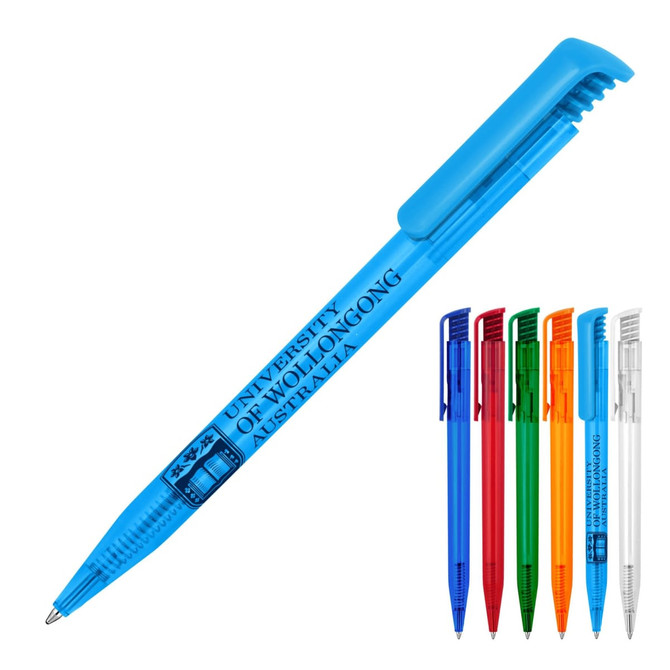 A blue ballpoint pen with a transparent barrel, featuring a logo and available in multiple colours.