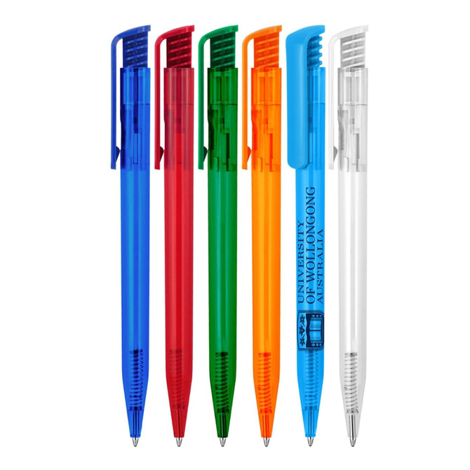 A selection of five transparent ballpoint pens in blue, red, green, orange, and clear, featuring a logo on one pen.