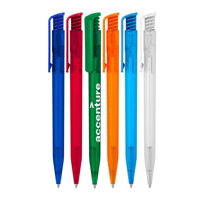A collection of ballpoint pens in blue, red, green, orange, transparent blue, and clear, featuring a logo on some.