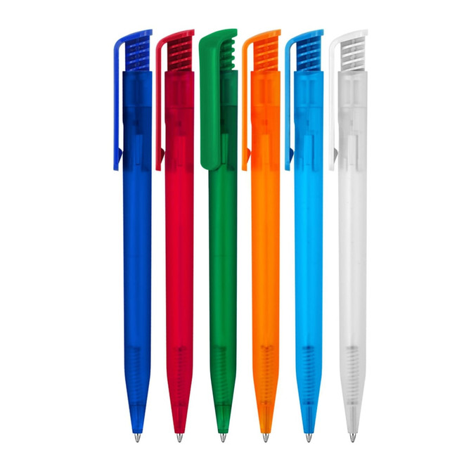 A collection of ballpoint pens in blue, red, green, orange, blue, and clear, featuring clips and a logo.