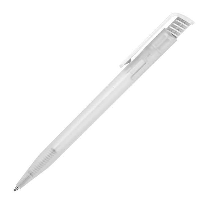 A plastic ballpoint pen in frosted white with a clip and a transparent barrel. It has a branding logo.