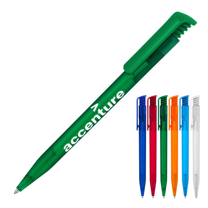 A green ballpoint pen with a clip, alongside five additional pens in blue, red, orange, and clear. The pen has a logo.