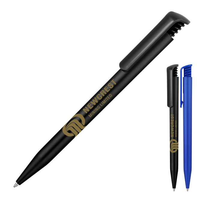 A plastic ballpoint pen in matte black with a clip, alongside a blue ballpoint pen, both featuring a logo.