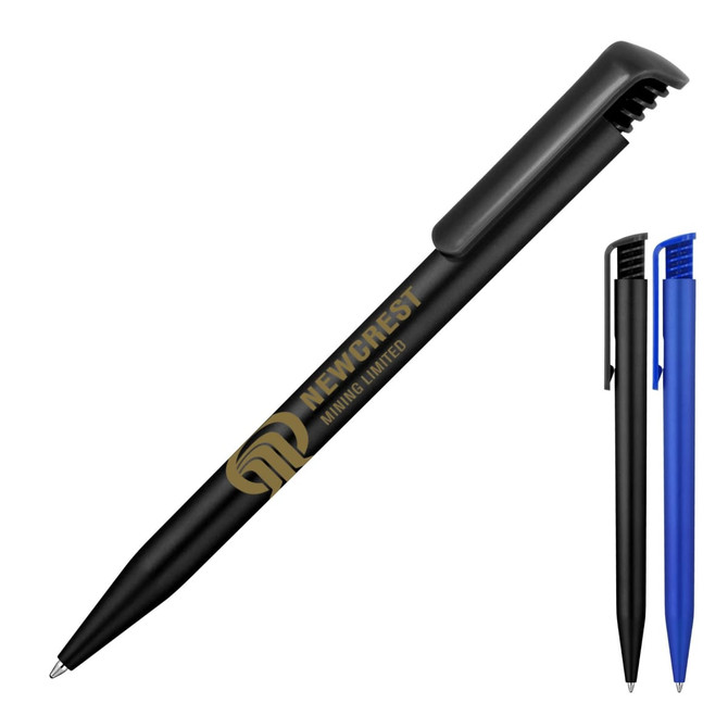 A black matte ballpoint pen with a logo, accompanied by a blue pen on the right.