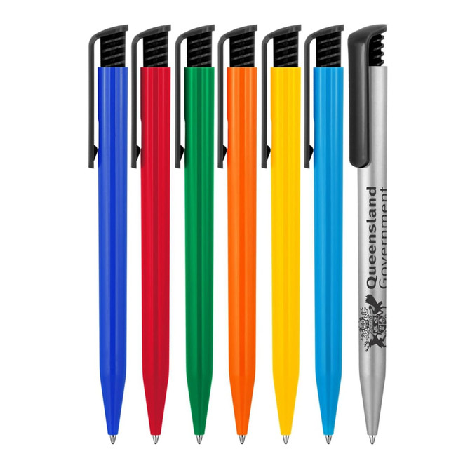 A set of six ballpoint pens in blue, red, green, yellow, orange, and a silver pen with a logo.
