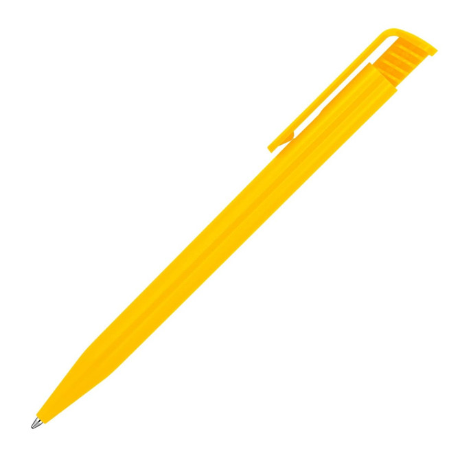 A bright yellow ballpoint pen featuring a clip and a glossy finish. It has a simple, sleek design and includes a logo.