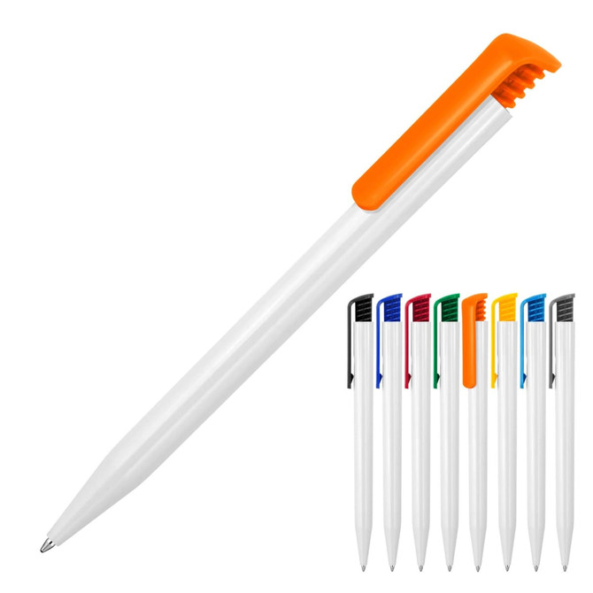 A plastic ballpoint pen in gloss white with an orange grip, alongside eight additional pens in various colours.