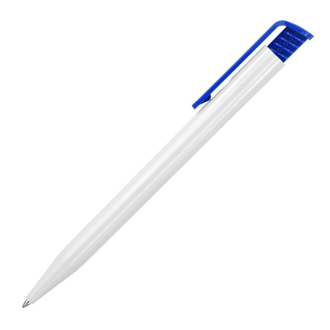 A ballpoint pen in glossy white with a blue cap and clip, featuring a simple design and branding.