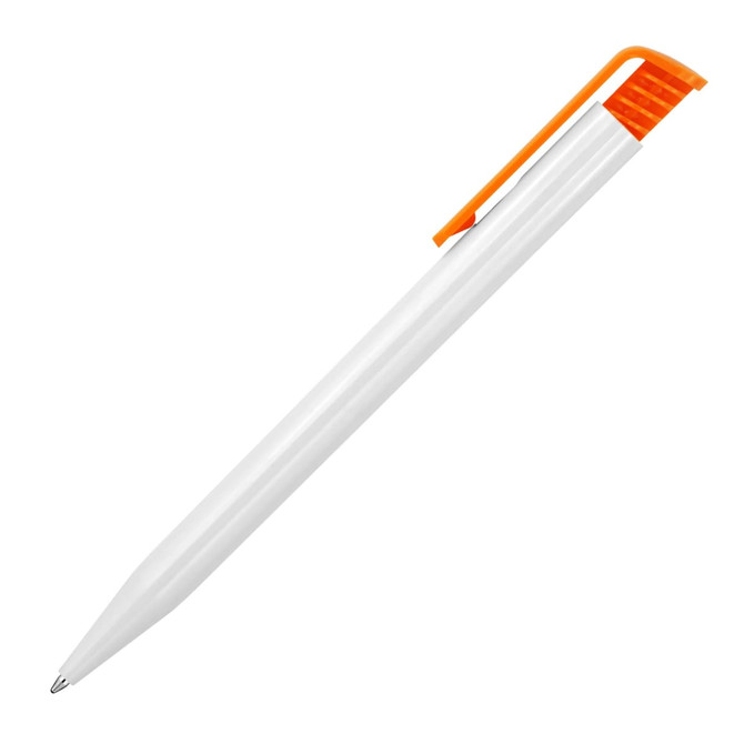 A plastic ballpoint pen in gloss white with an orange clip and grip. Features a simple design with a logo.