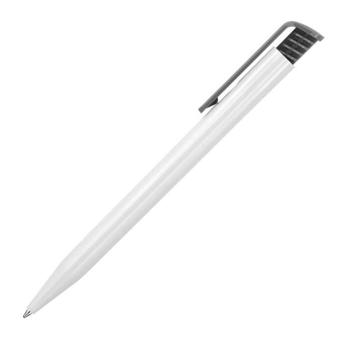 A plastic ballpoint pen in glossy white with a grey clip. It features a simple, sleek design.