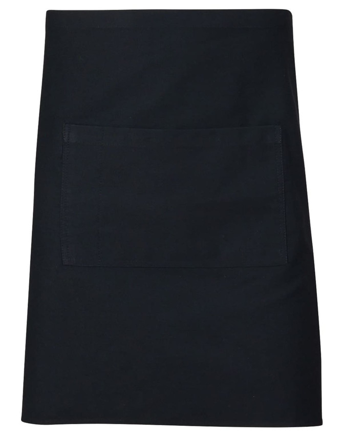 A black short waist apron featuring a front pocket and a simple design with a branding logo.
