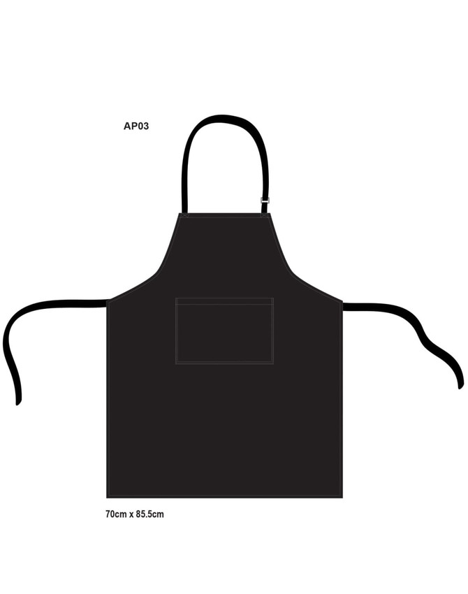 A black bib apron with adjustable neck strap and waist ties, featuring a front pocket. Dimensions: 70cm x 85.5cm.