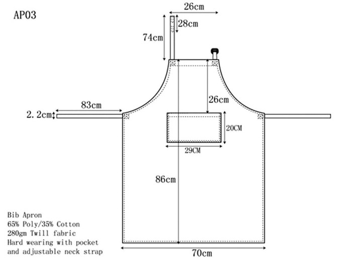 A detailed diagram of a bib apron in a twill fabric, featuring dimensions and a pocket. The colour is not specified.