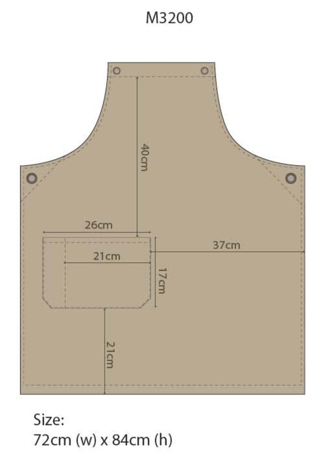 A sand-coloured Brunswick Bib Apron with dimensions and a pocket on the front. It features metal eyelets and branding.