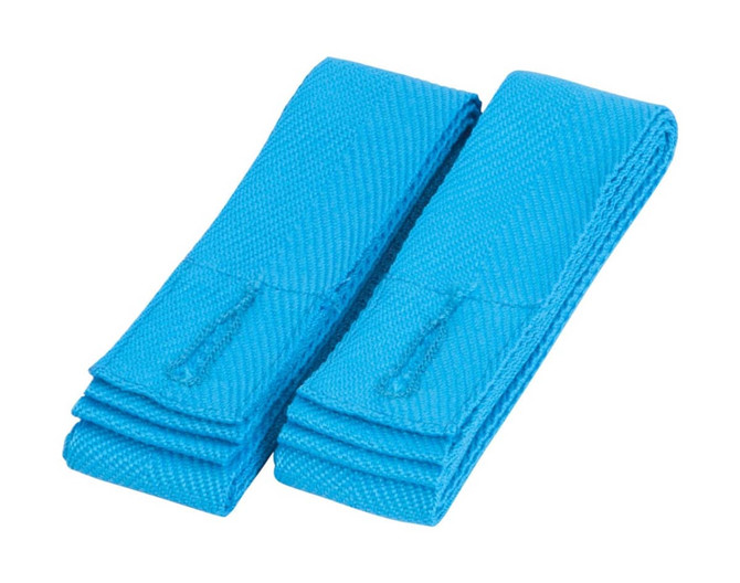 Bright blue changeable apron straps, featuring a textured fabric and a simple design. Includes branding.