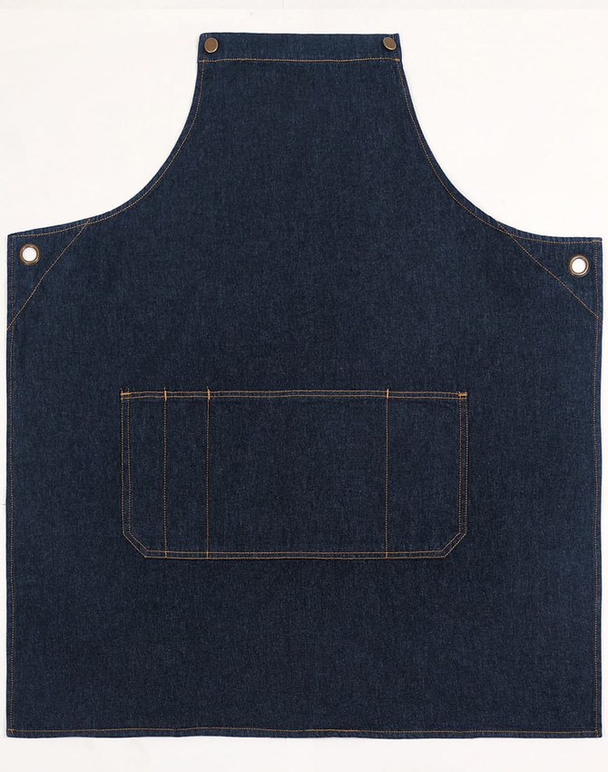 A denim bib apron in a dark blue shade featuring a front pocket and metal eyelets. It has a simple, classic design.