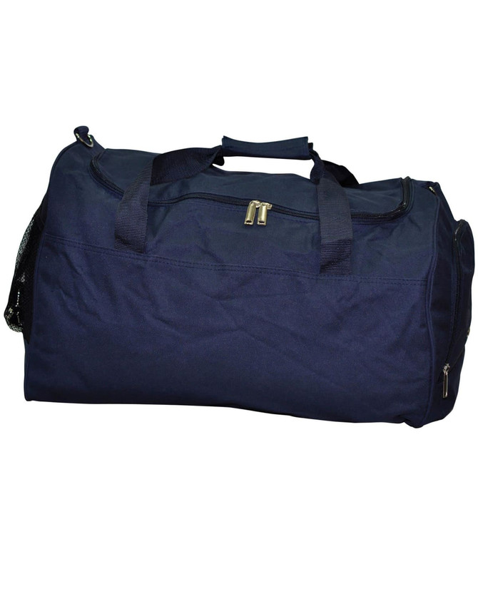 A navy blue duffle bag with a zippered opening, sturdy handles, and a side mesh pocket.